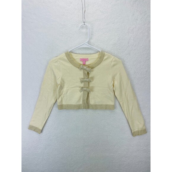 Lilly Pulitzer Cardigan Girls Size L 8/10 Ivory Shimmer Bow Long Sleeve Sweater - Picture 3 of 10